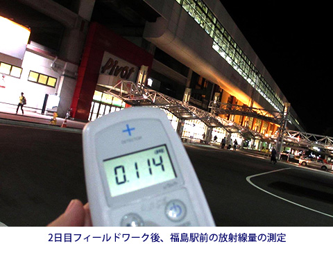 2日目フィールドワーク後、福島駅前の放射線量の測定