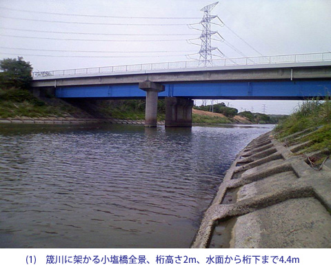 筬川に架かる小塩橋全景、桁高さ2m、水面から桁下まで4.4m
